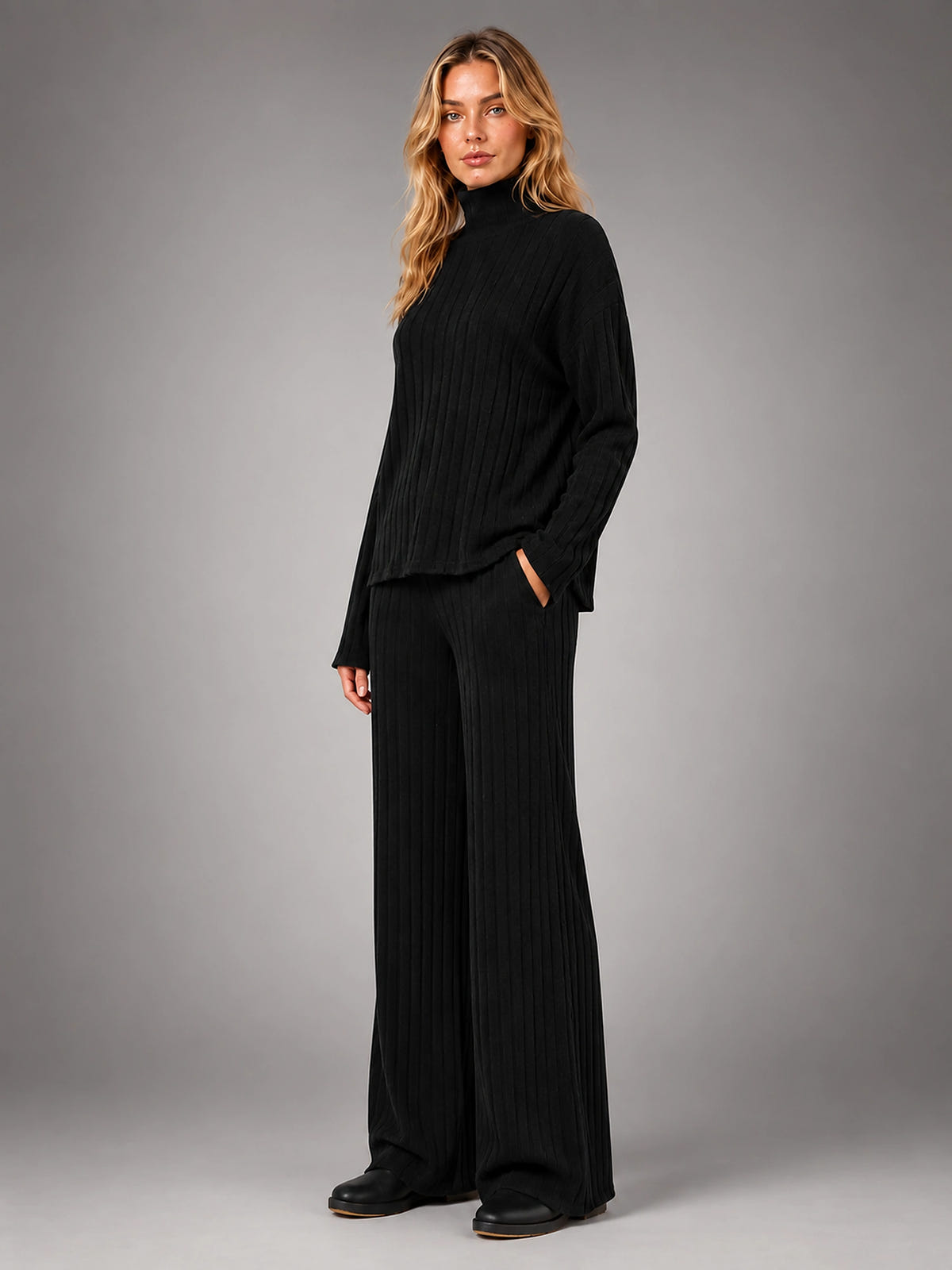 Women's Ribbed Lounge Set – Turtleneck and Wide Leg - Black