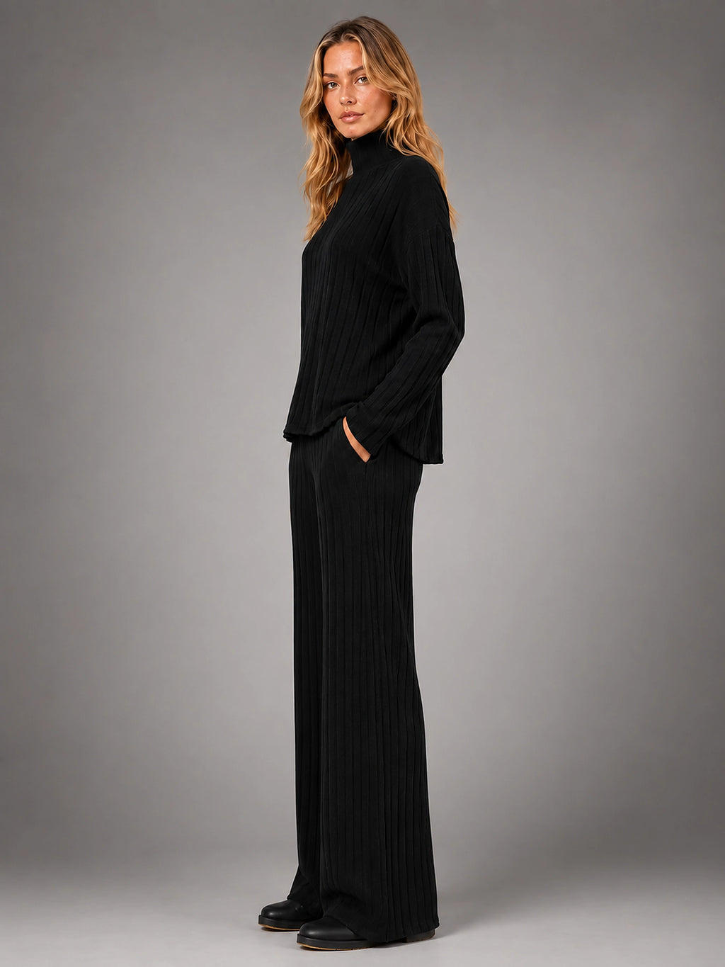 Women's Ribbed Lounge Set – Turtleneck and Wide Leg - Black