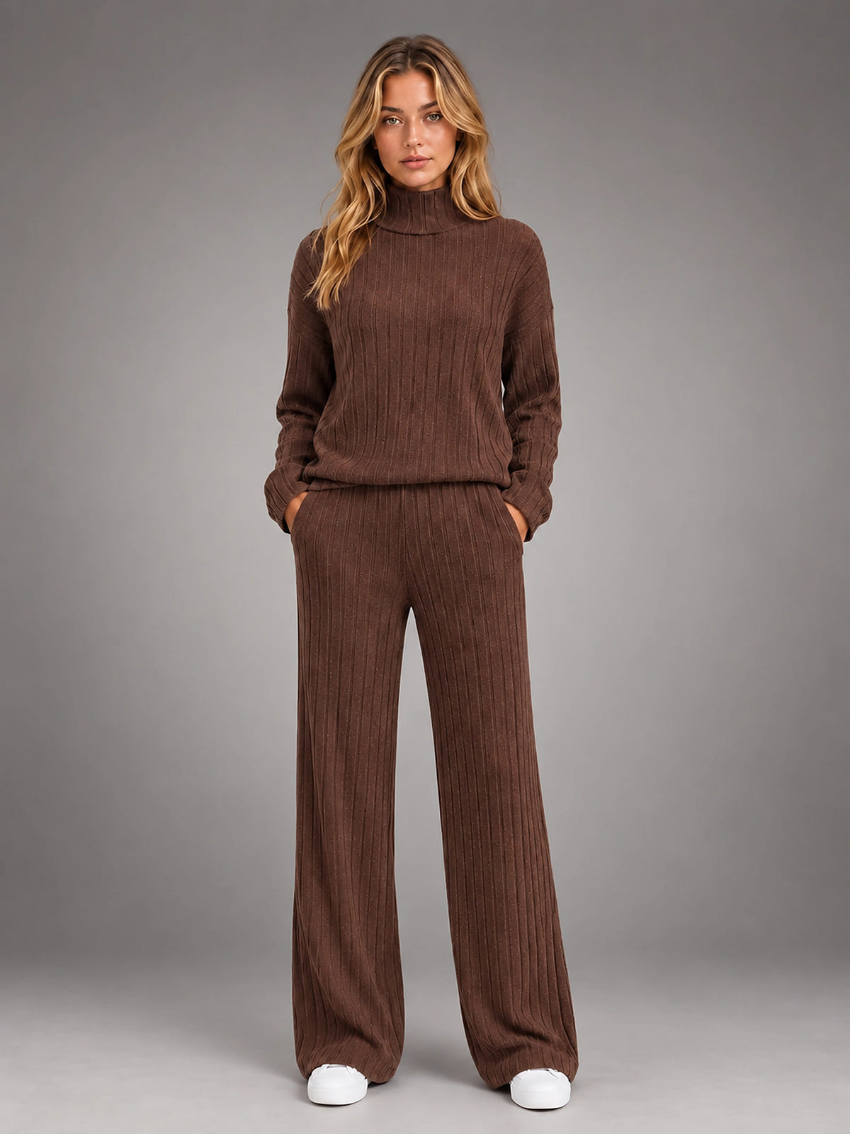 Women's Ribbed Lounge Set – Turtleneck and Wide Leg - Chocolate Brown
