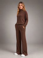 Women's Ribbed Lounge Set – Turtleneck and Wide Leg - Chocolate Brown