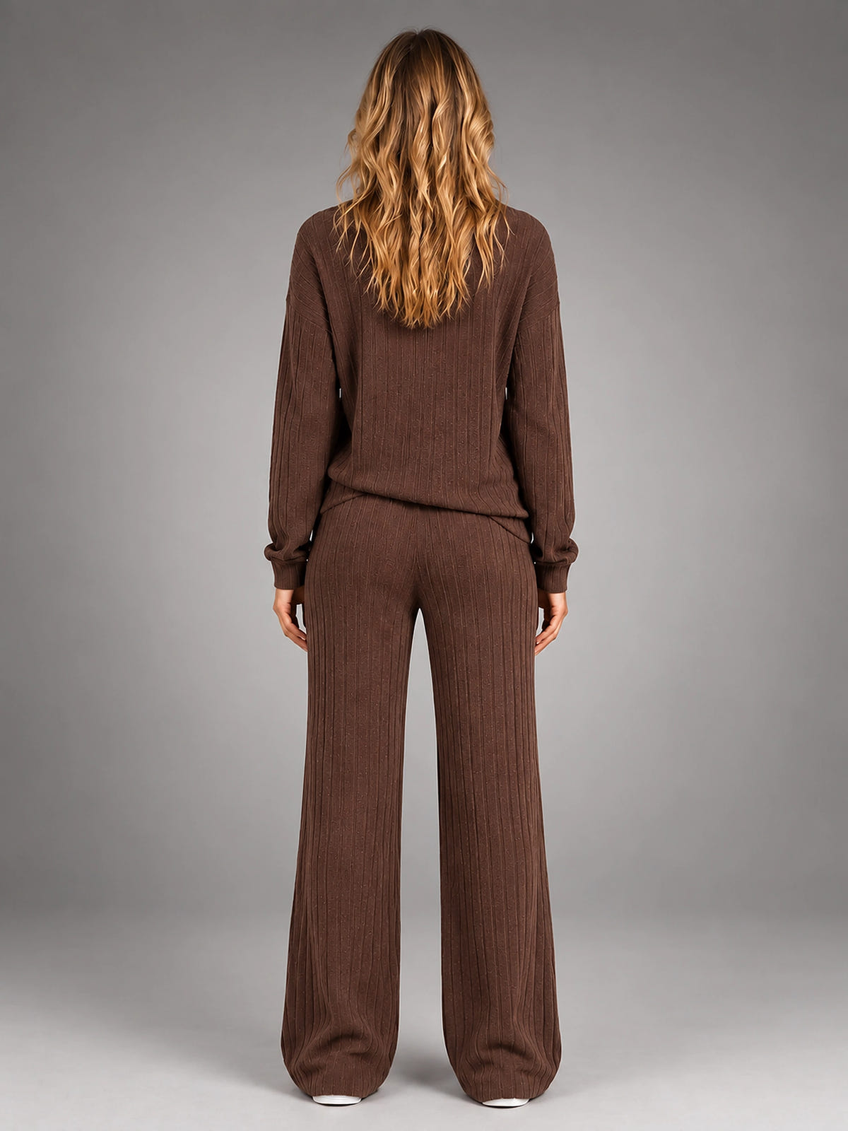 Women's Ribbed Lounge Set – Turtleneck and Wide Leg - Chocolate Brown