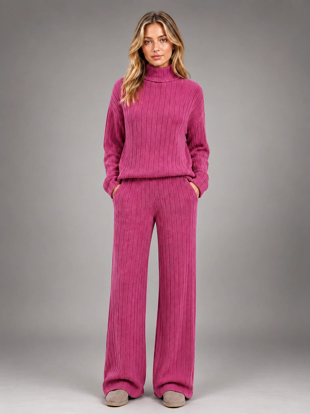 Women's Ribbed Lounge Set – Turtleneck and Wide Leg - Berry Pink