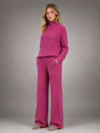Women's Ribbed Lounge Set – Turtleneck and Wide Leg - Berry Pink