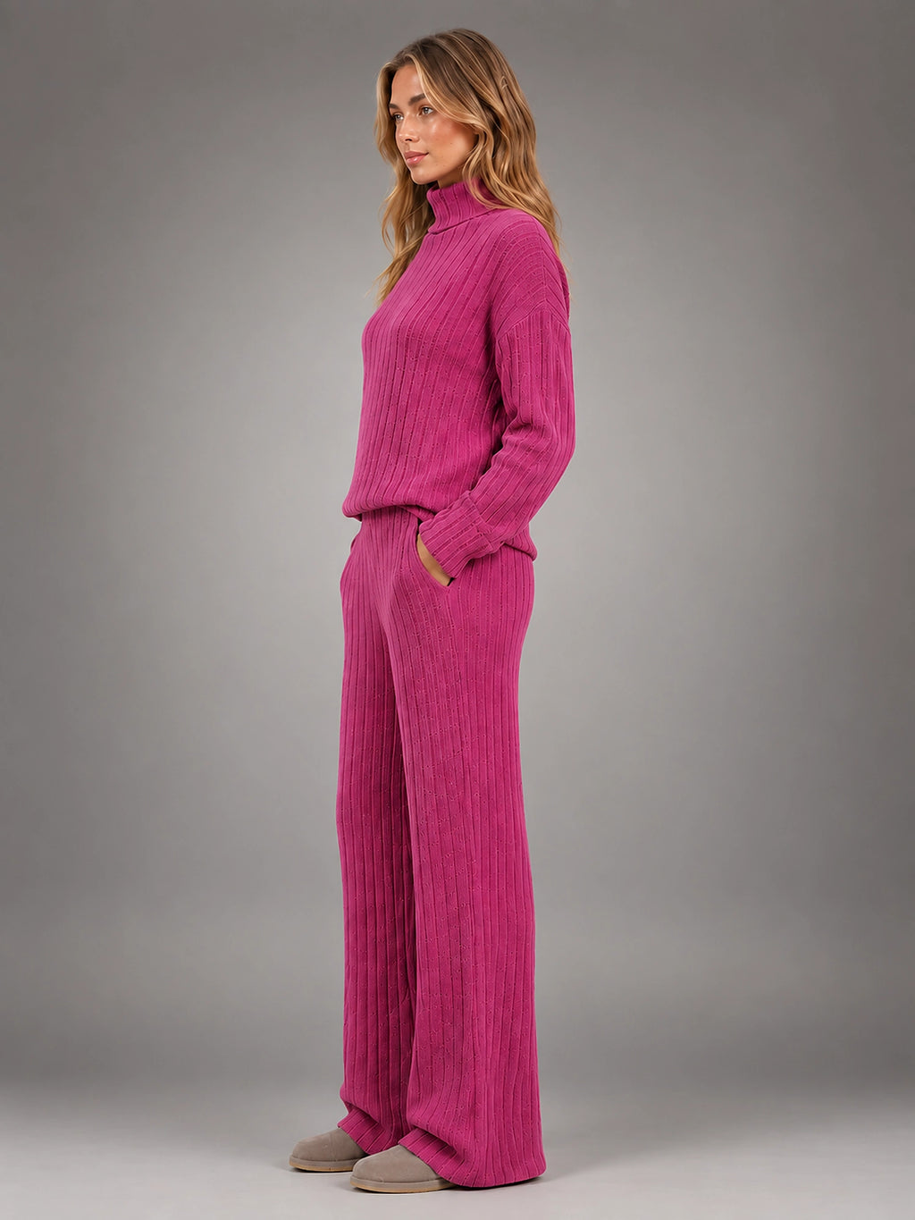 Women's Ribbed Lounge Set – Turtleneck and Wide Leg - Berry Pink