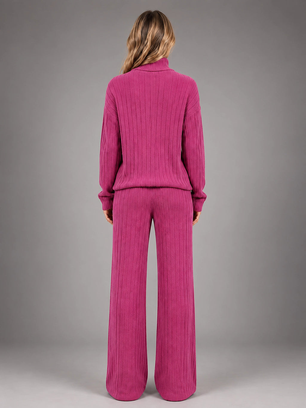 Women's Ribbed Lounge Set – Turtleneck and Wide Leg - Berry Pink