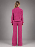 Women's Ribbed Lounge Set – Turtleneck and Wide Leg - Berry Pink