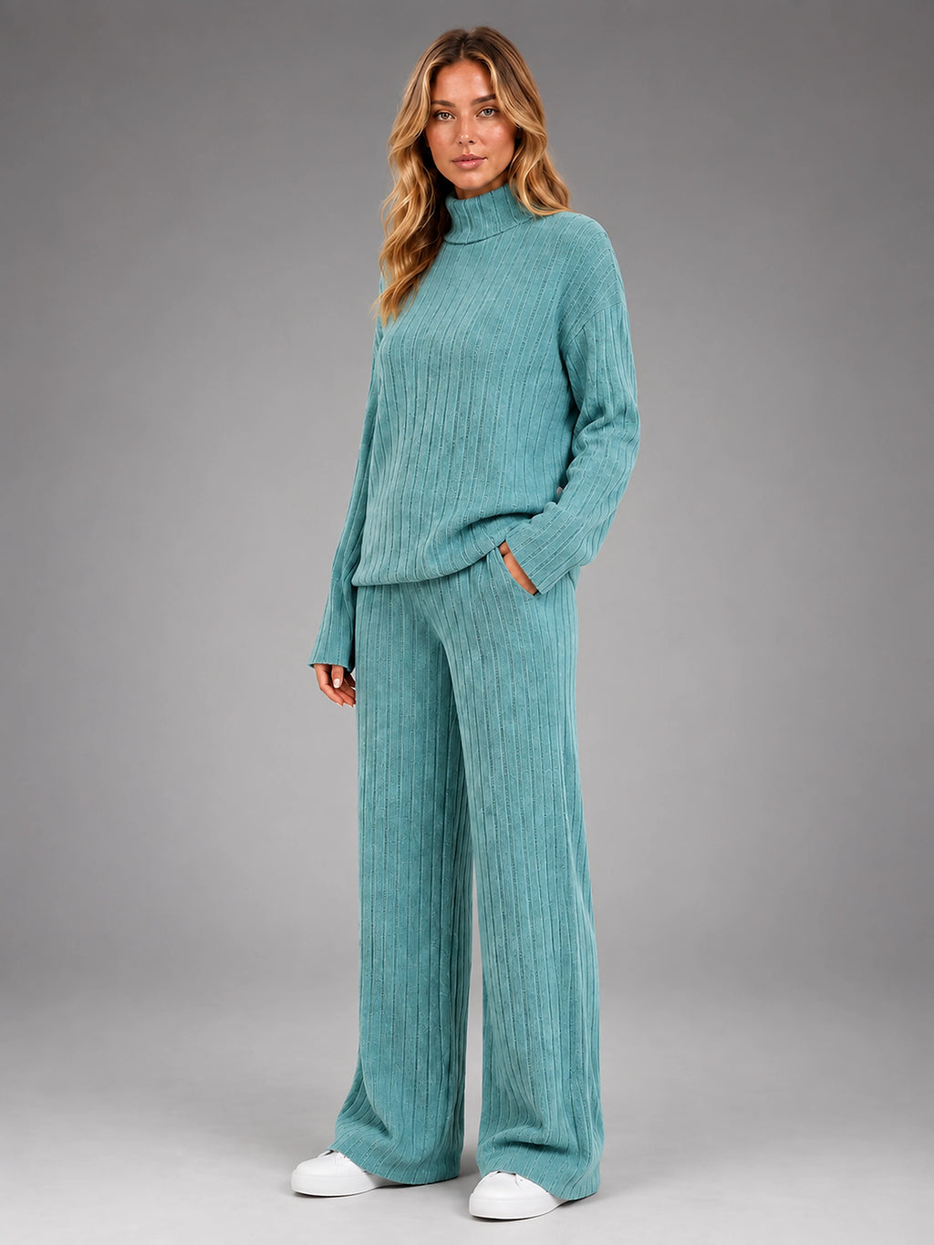 Women's Ribbed Lounge Set – Turtleneck and Wide Leg - Sage Green