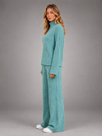 Women's Ribbed Lounge Set – Turtleneck and Wide Leg - Sage Green