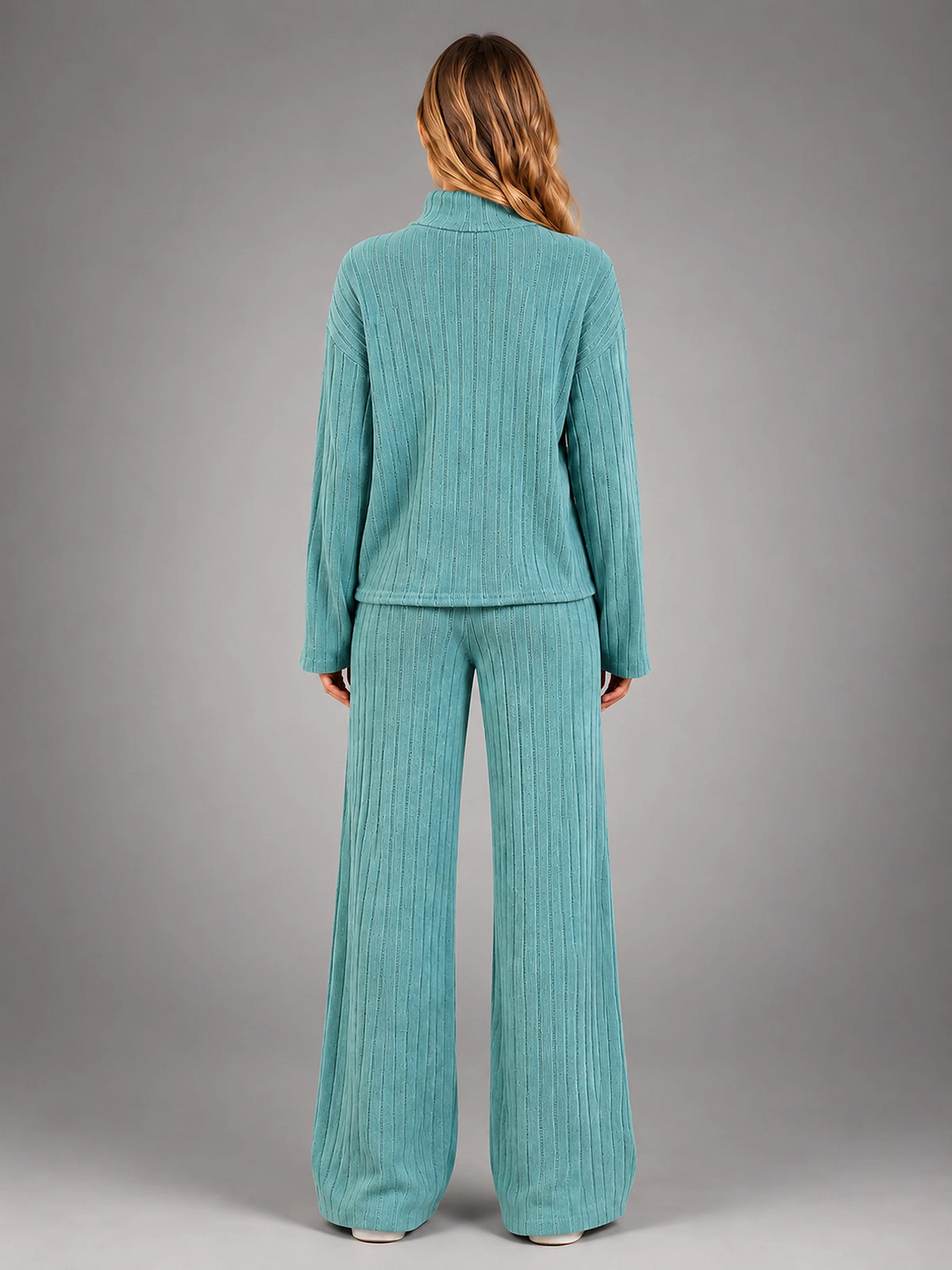 Women's Ribbed Lounge Set – Turtleneck and Wide Leg - Sage Green