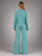 Women's Ribbed Lounge Set – Turtleneck and Wide Leg - Sage Green