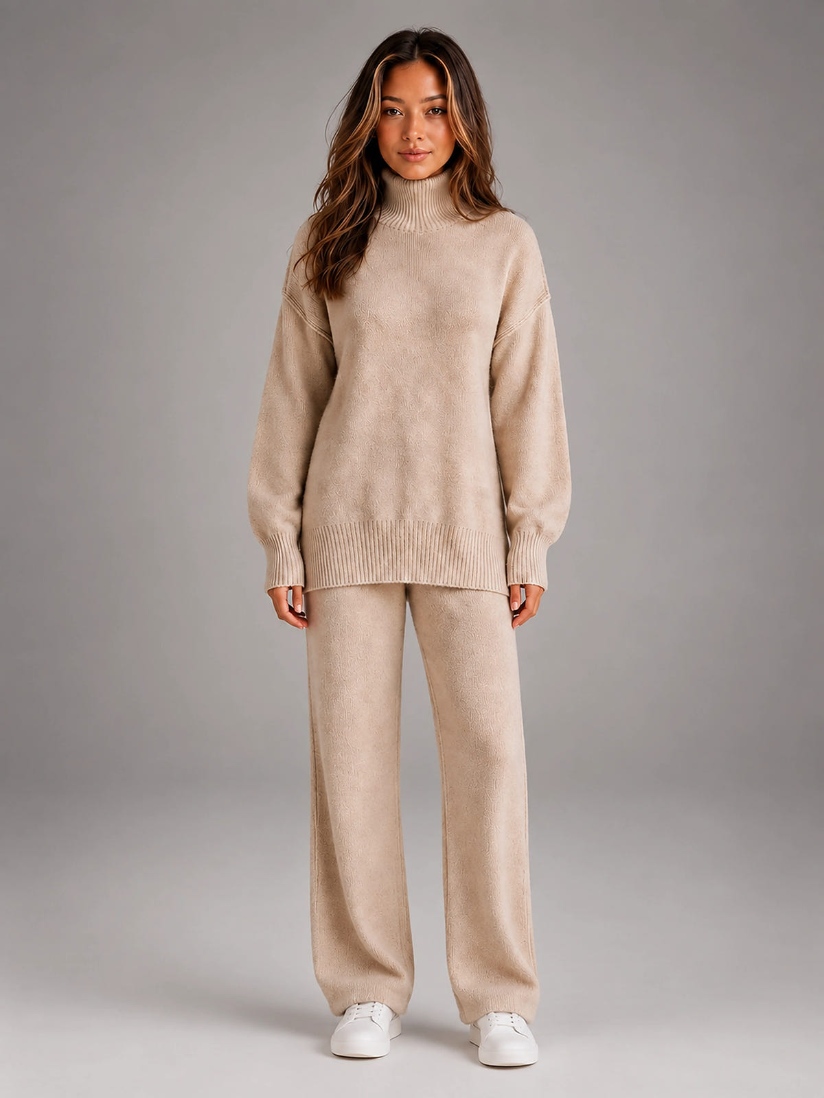 Women's Oversized Lounge Set – Turtleneck and Wide Leg Pants - Beige