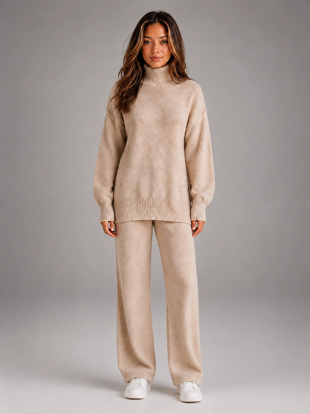 Women's Oversized Lounge Set – Turtleneck and Wide Leg Pants - Beige