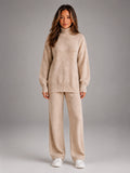 Women's Oversized Lounge Set – Turtleneck and Wide Leg Pants - Beige