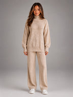 Women's Oversized Lounge Set – Turtleneck and Wide Leg Pants - Beige