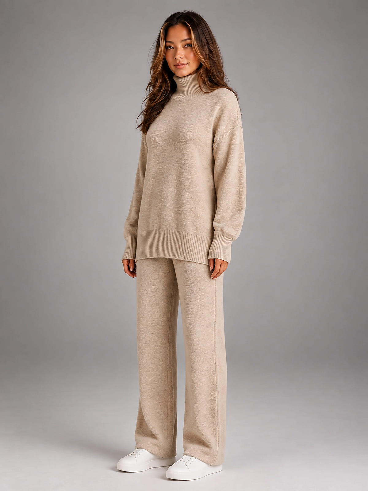 Women's Oversized Lounge Set – Turtleneck and Wide Leg Pants - Beige