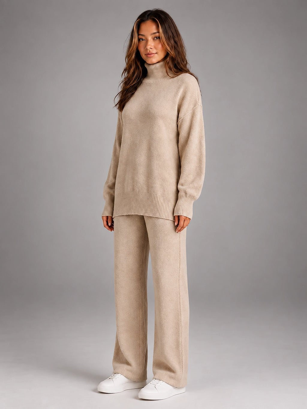 Women's Oversized Lounge Set – Turtleneck and Wide Leg Pants - Beige