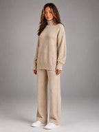 Women's Oversized Lounge Set – Turtleneck and Wide Leg Pants - Beige