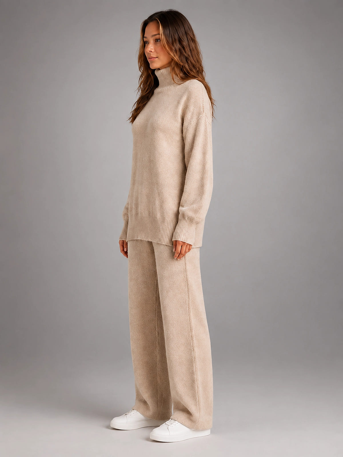Women's Oversized Lounge Set – Turtleneck and Wide Leg Pants - Beige