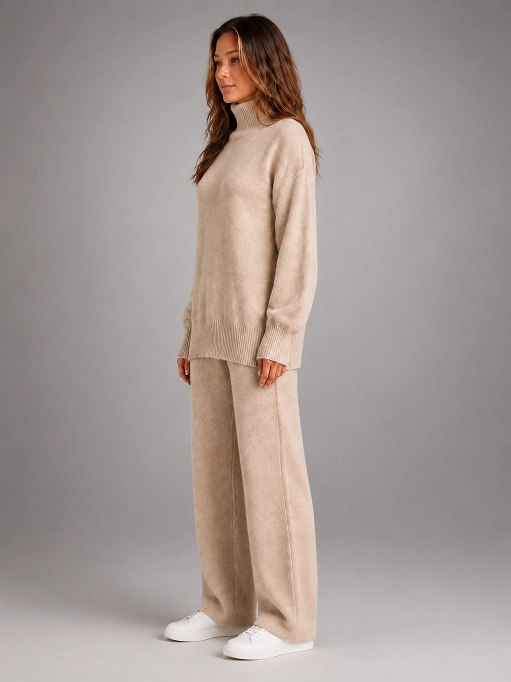 Women's Oversized Lounge Set – Turtleneck and Wide Leg Pants - Beige