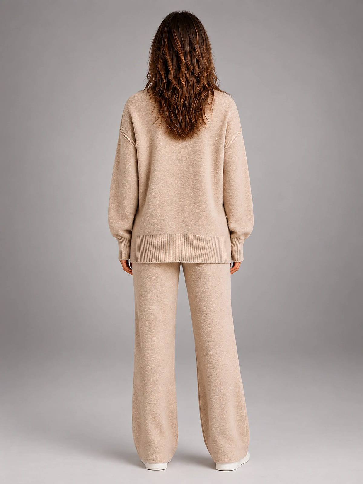 Women's Oversized Lounge Set – Turtleneck and Wide Leg Pants - Beige