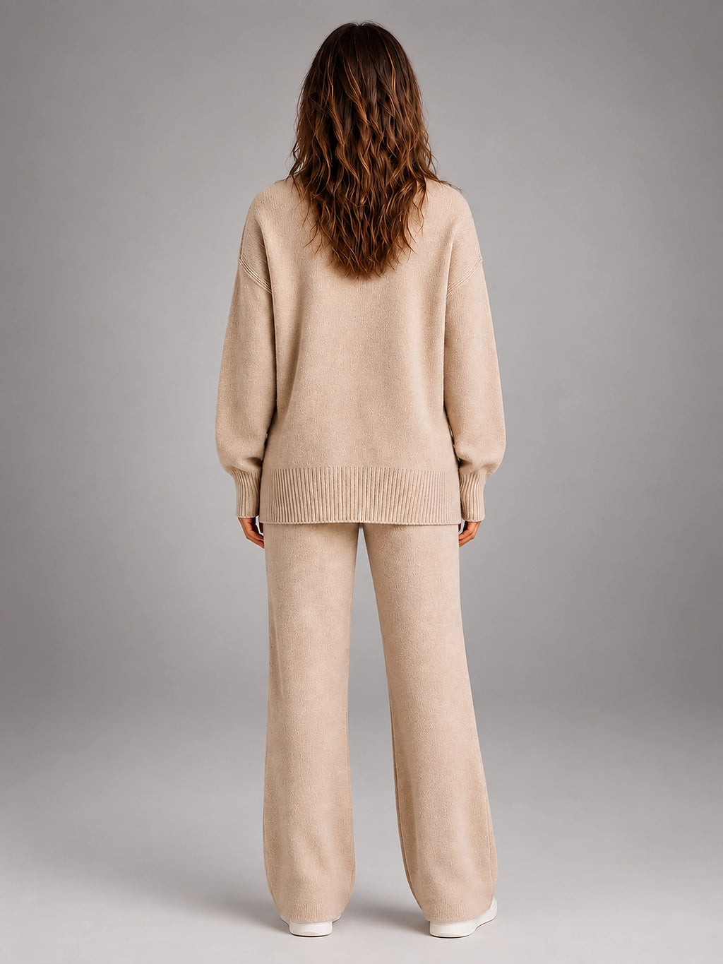 Women's Oversized Lounge Set – Turtleneck and Wide Leg Pants - Beige