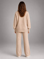 Women's Oversized Lounge Set – Turtleneck and Wide Leg Pants - Beige