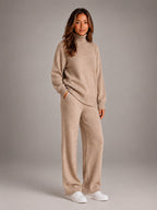 Women's Oversized Lounge Set – Turtleneck and Wide Leg Pants - Khaki