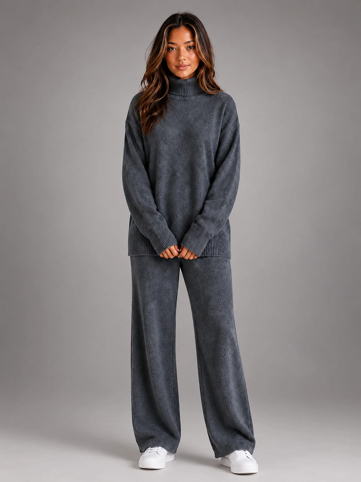 Women's Oversized Lounge Set – Turtleneck and Wide Leg Pants - Dark Gray