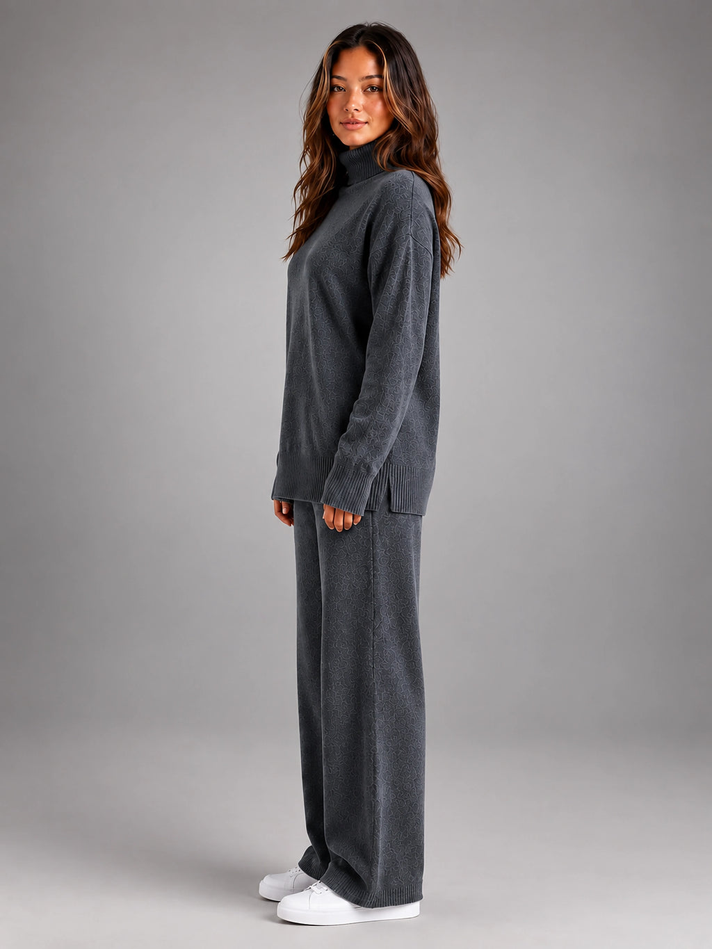 Women's Oversized Lounge Set – Turtleneck and Wide Leg Pants