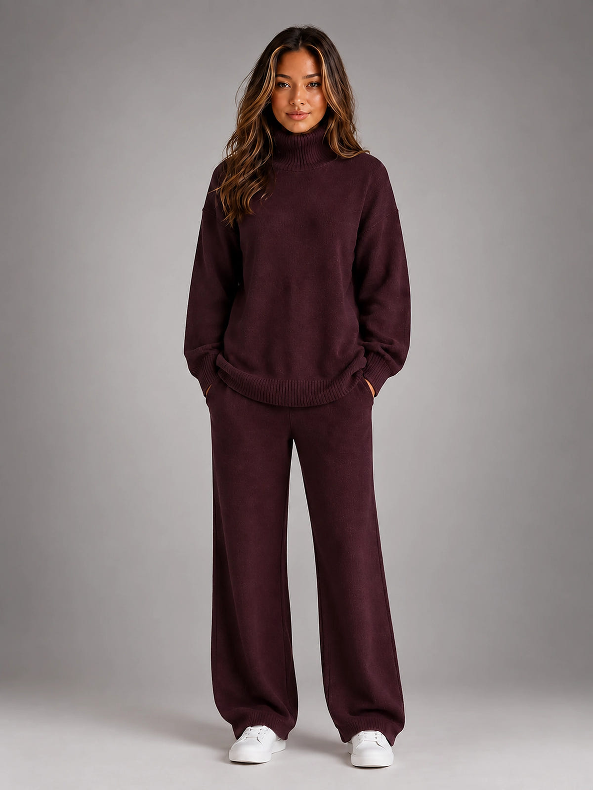 Women's Oversized Lounge Set – Turtleneck and Wide Leg Pants - Burgundy