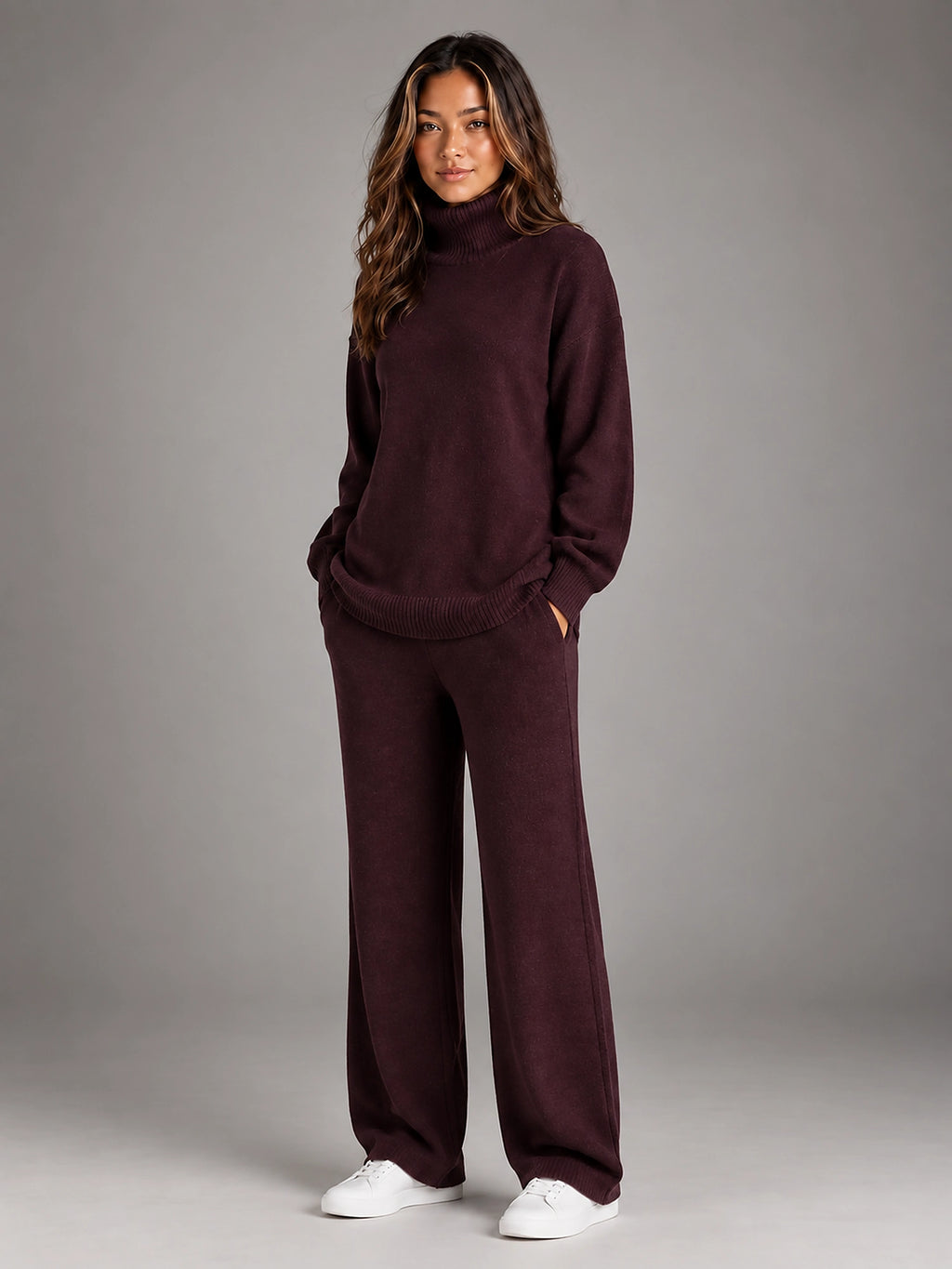 Women's Oversized Lounge Set – Turtleneck and Wide Leg Pants - Burgundy