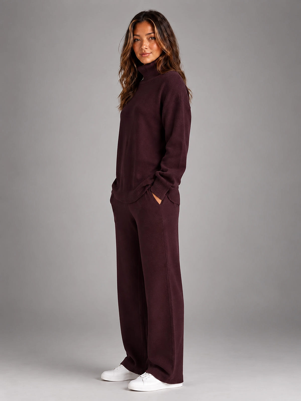 Women's Oversized Lounge Set – Turtleneck and Wide Leg Pants - Burgundy