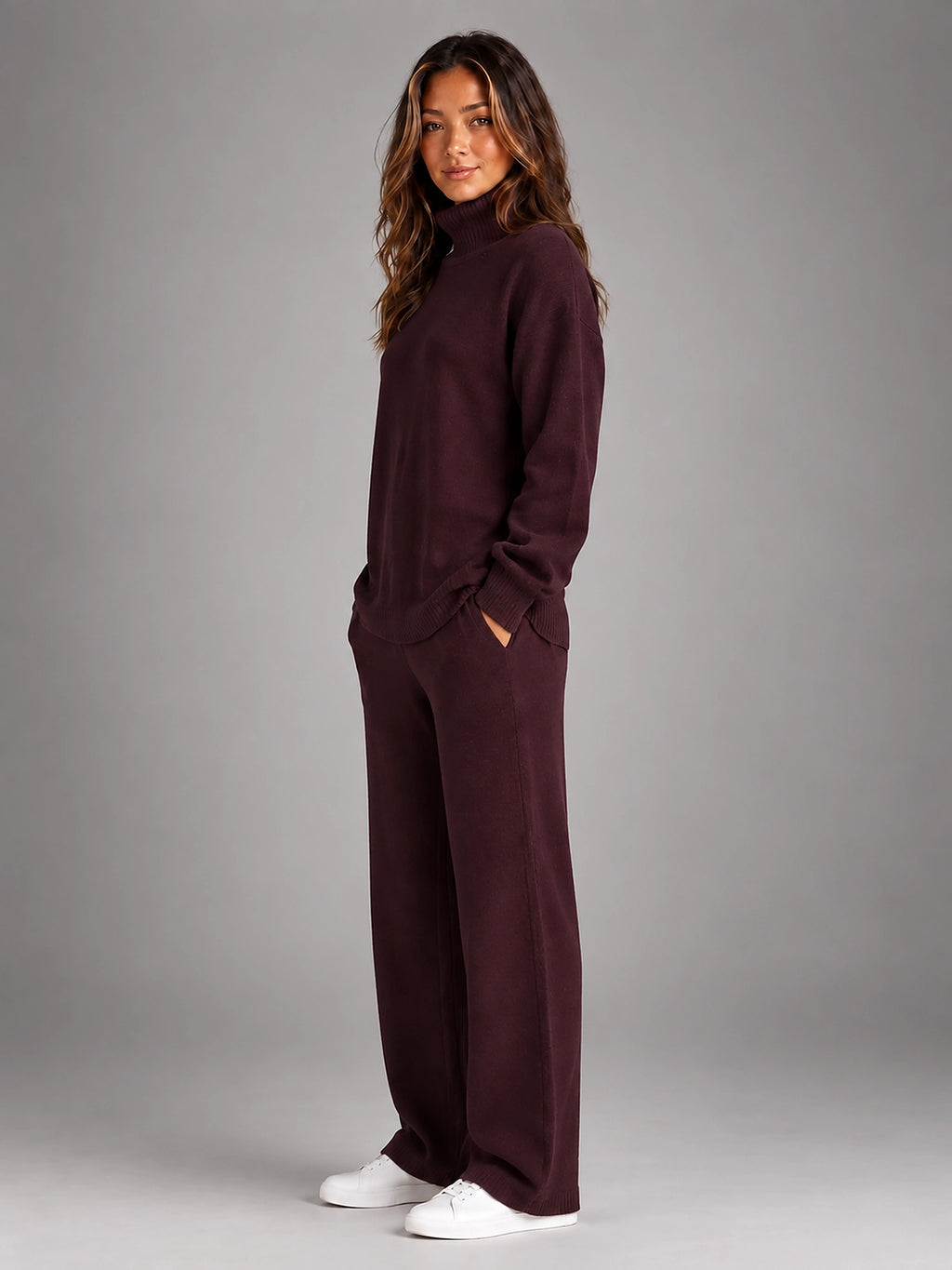 Women's Oversized Lounge Set – Turtleneck and Wide Leg Pants - Burgundy
