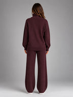 Women's Oversized Lounge Set – Turtleneck and Wide Leg Pants - Burgundy