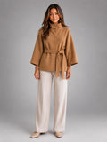 Women's Belted Cape Coat – Stand Collar Wrap - Camel