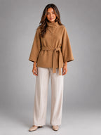 Women's Belted Cape Coat – Stand Collar Wrap - Camel