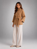Women's Belted Cape Coat – Stand Collar Wrap - Camel
