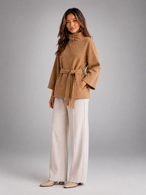 Women's Belted Cape Coat – Stand Collar Wrap - Camel
