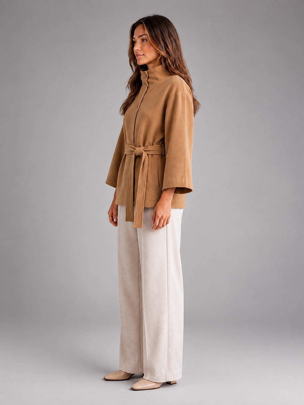 Women's Belted Cape Coat – Stand Collar Wrap - Camel