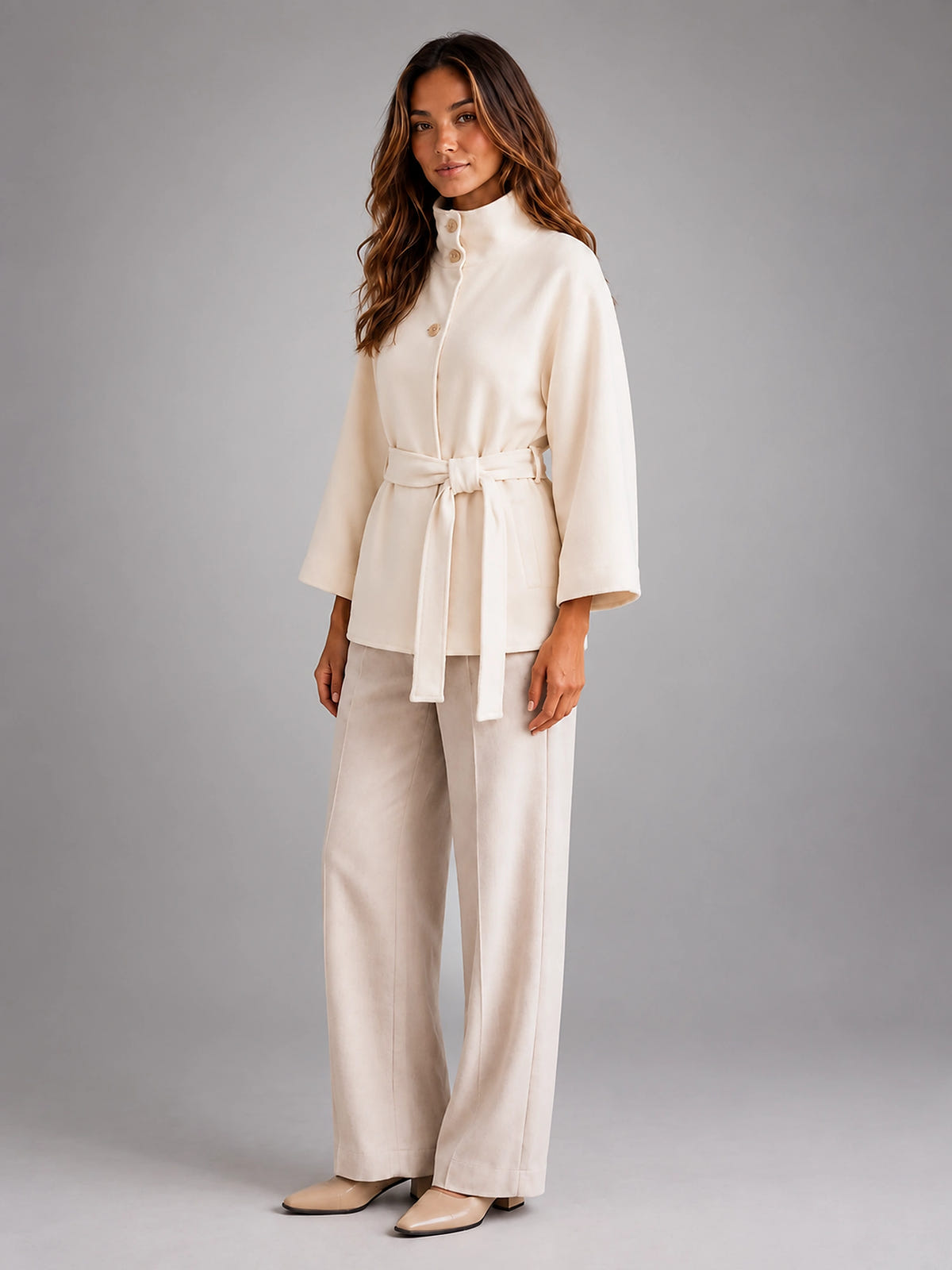 Women's Belted Cape Coat – Stand Collar Wrap - White