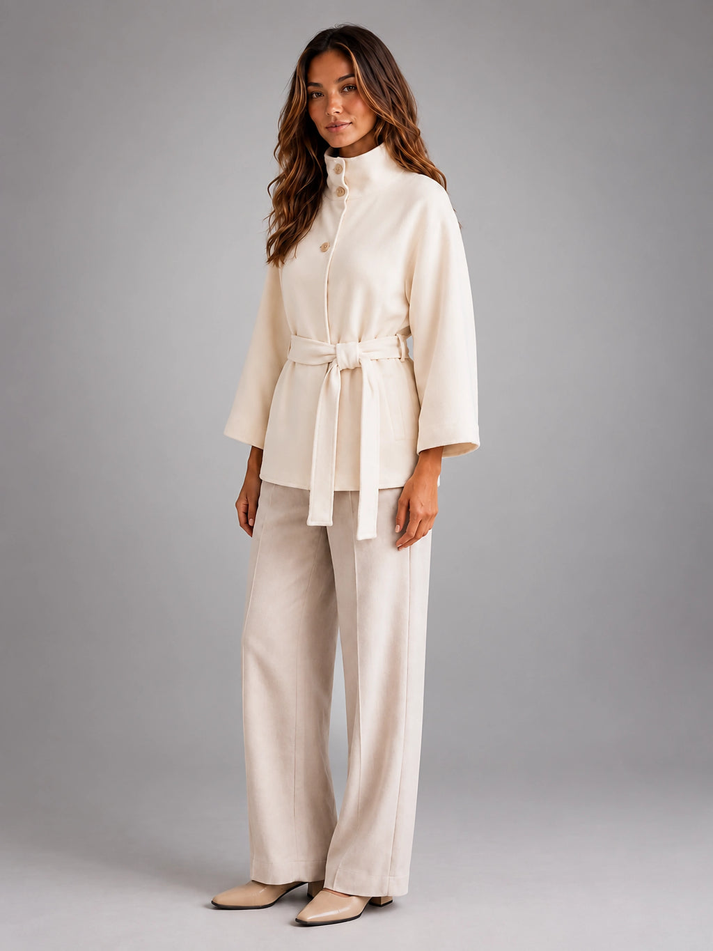 Women's Belted Cape Coat – Stand Collar Wrap - White