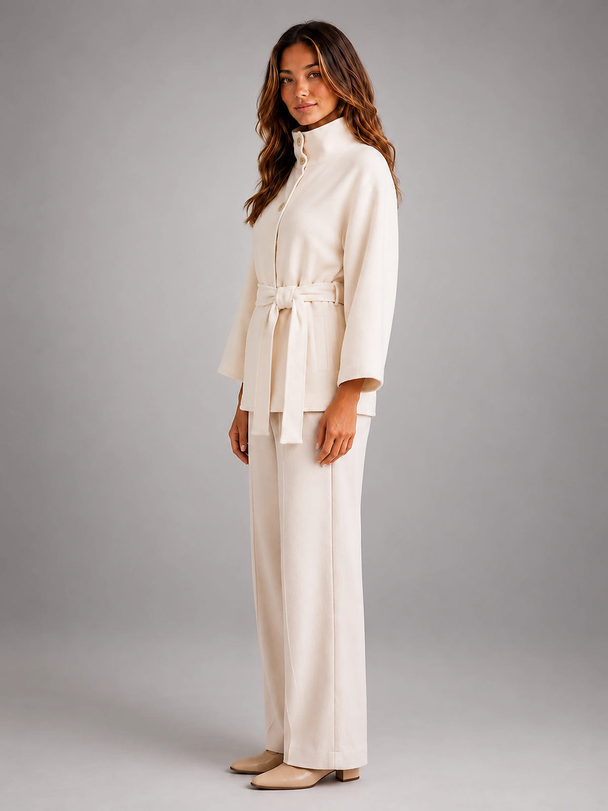 Women's Belted Cape Coat – Stand Collar Wrap - White