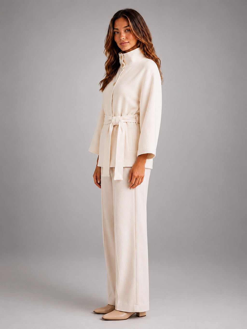 Women's Belted Cape Coat – Stand Collar Wrap - White