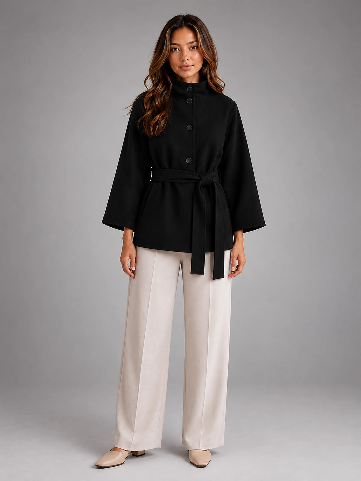 Women's Belted Cape Coat – Stand Collar Wrap - Black
