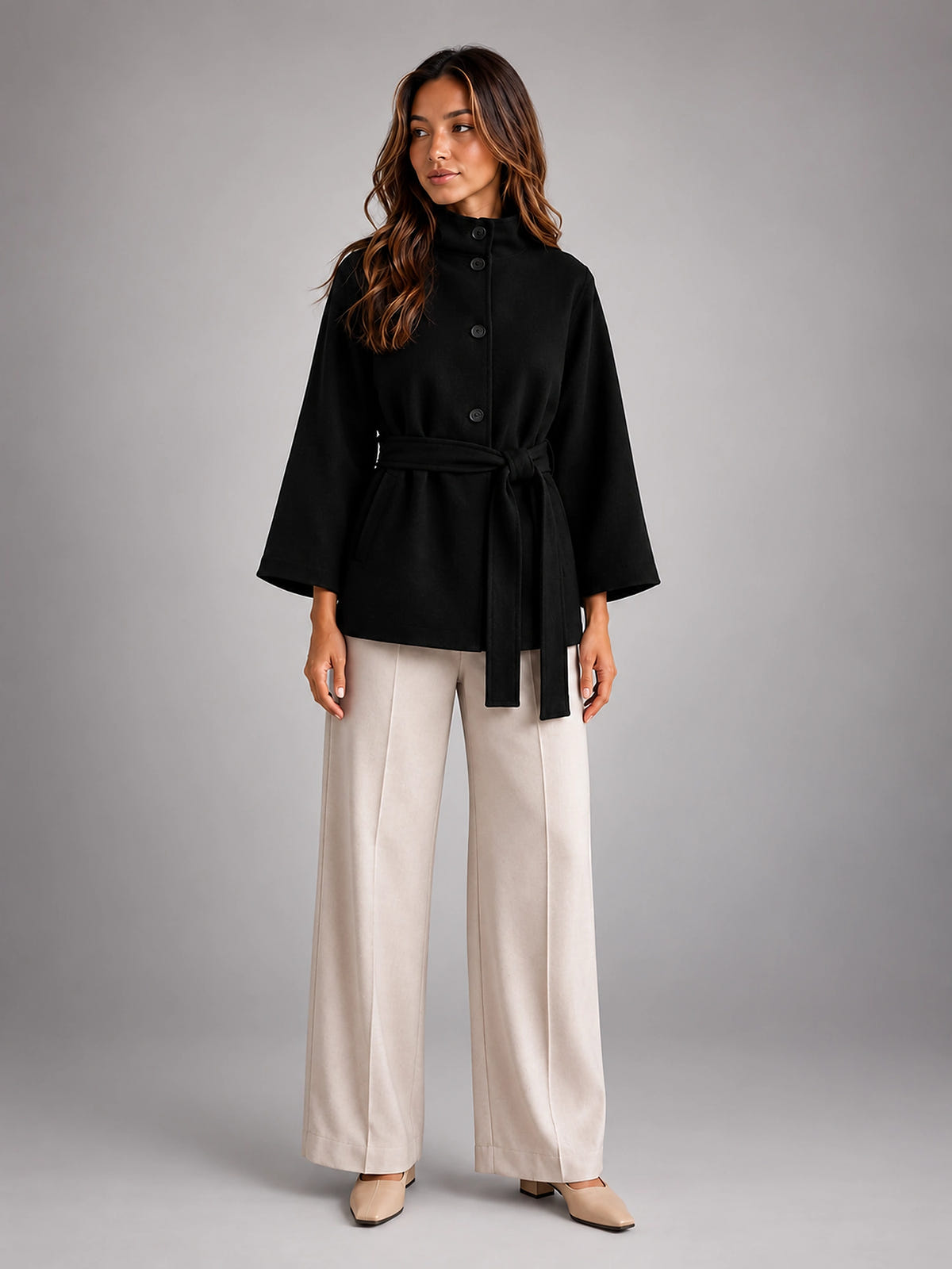 Women's Belted Cape Coat – Stand Collar Wrap - Black