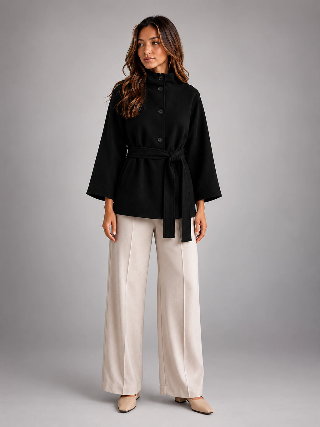Women's Belted Cape Coat – Stand Collar Wrap - Black