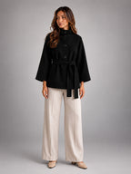 Women's Belted Cape Coat – Stand Collar Wrap - Black