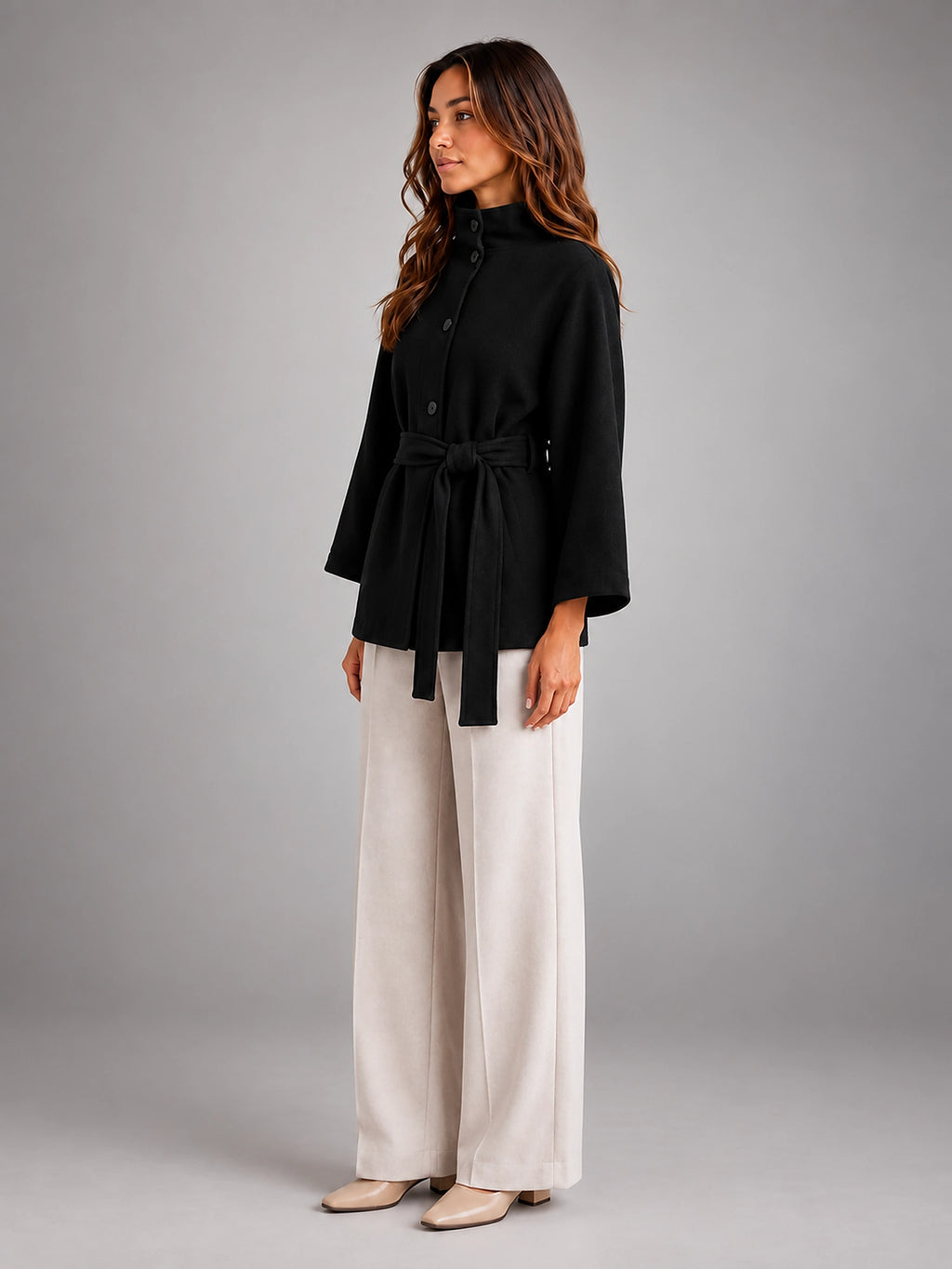 Women's Belted Cape Coat – Stand Collar Wrap - Black