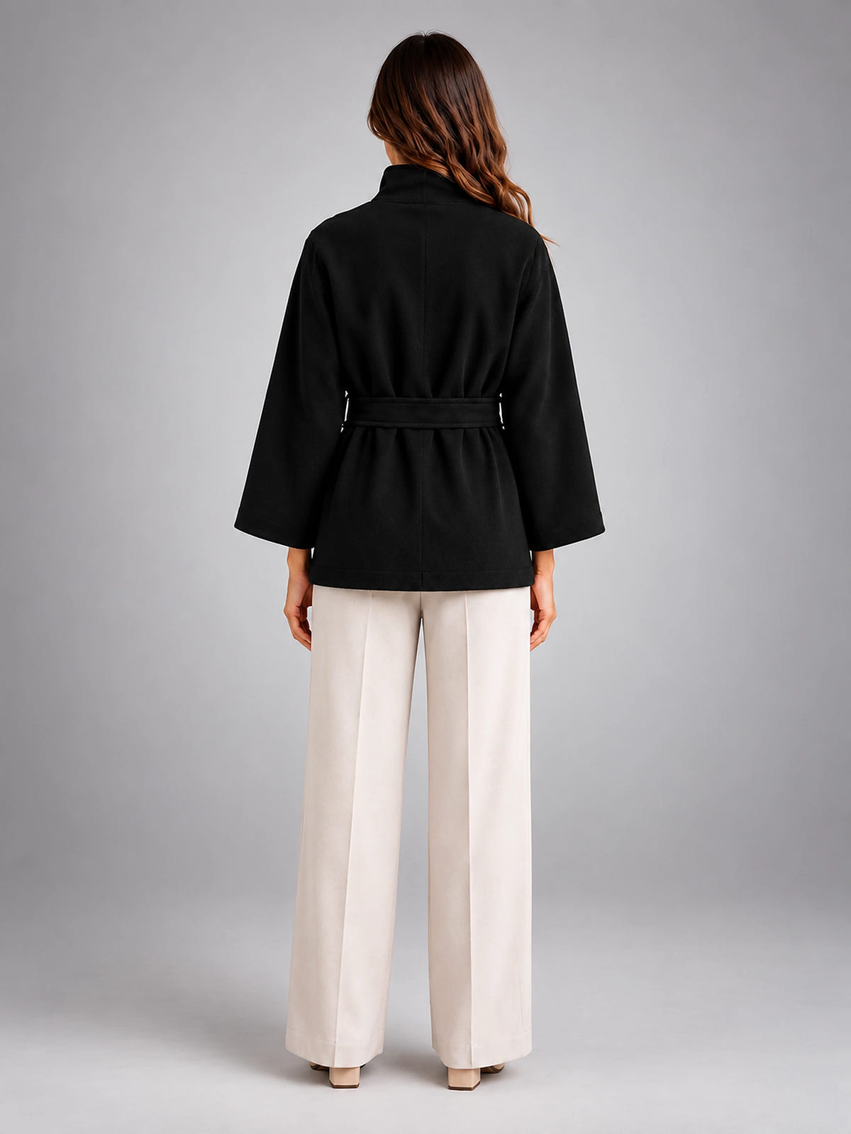 Women's Belted Cape Coat – Stand Collar Wrap - Black
