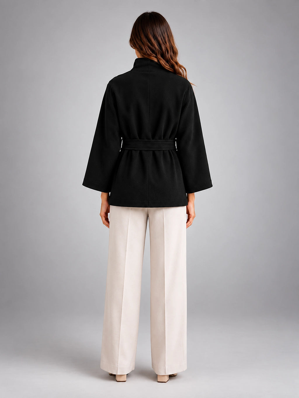 Women's Belted Cape Coat – Stand Collar Wrap - Black